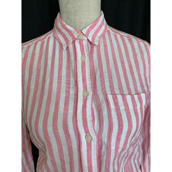 J Crew Striped 100% Linen white pink button down Long Sleeve top - Picture 2 of 6
